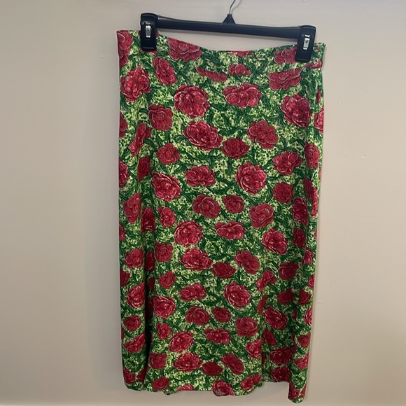 Halogen A-Line Side Slit Midi Skirt In Carmine Roses/Green Womens Size S - Picture 6 of 11